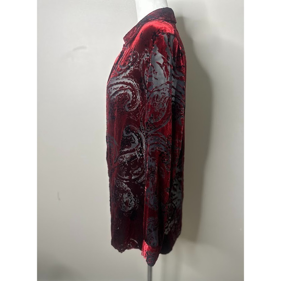 Laura Ashley Women Button Top Large Silk Red Sheer Velvet Burnout Paisley Office - Picture 3 of 10